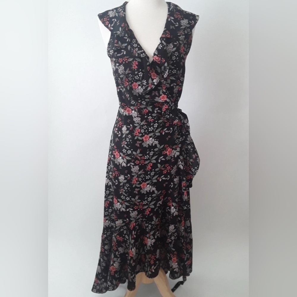Max Studio Floral Pleated Wrap Sundress with Flutter Sleeves Size XL